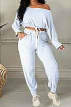 White Cotton Blend A Wrod Shoulder Long Sleeve T Shirts Sweat Pants Sets HHM6528-1