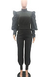 Black Women Trendy Pure Color Puff Sleeve Pullover High Waist Pants Sets MR2121-1