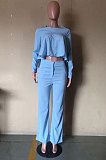 Sky Blue Fashion Wholesale Long Sleeve Irregularity Tops Wide Leg Pants Slim Fitting Sets D8454-2