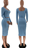 Light Blue Fashion Long Sleeve Square Neck Bodycon Tops High Waist Slit Skirts Sexy Sets LM88816-2
