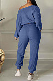 Peacock Blue Cotton Blend A Wrod Shoulder Long Sleeve T Shirts Sweat Pants Sets HHM6528-4