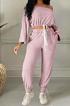 Pink Cotton Blend A Wrod Shoulder Long Sleeve T Shirts Sweat Pants Sets HHM6528-2