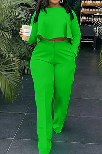 Green Fashion Wholesale Long Sleeve Irregularity Tops Wide Leg Pants Slim Fitting Sets D8454-4