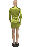 Green Simple Long Sleeve Lapel Neck Single-Breasted Solid Color Shirt Dress AMX6055