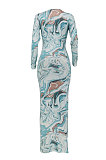 Black Women Long Sleeve Fashion Printing Bandage Hollow Out Skinny Bodycon Long Dress HZF57819-2