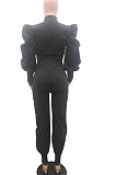 Black Women Trendy Pure Color Puff Sleeve Pullover High Waist Pants Sets MR2121-1