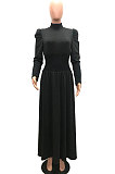 Black Women Fashion Casual Tight Solid Color High Collar Pullover Collect Waist Puff Sleeve Long Dress MR2124-1