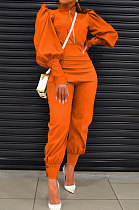 Orange Women Fashion Solid Color Puff Sleeve Zipper High Waist Pants Sets MR2120-1