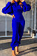 Blue Women Trendy Pure Color Puff Sleeve Pullover High Waist Pants Sets MR2121-4