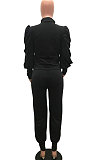 Black Women Fashion Solid Color Puff Sleeve Zipper High Waist Pants Sets MR2120-2
