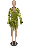 Green Simple Long Sleeve Lapel Neck Single-Breasted Solid Color Shirt Dress AMX6055