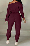 Rose Red Cotton Blend A Wrod Shoulder Long Sleeve T Shirts Sweat Pants Sets HHM6528-3