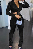 Black Women Korea Velvet Ruffle Drawsting Sexy V Collar Pure Color Crop Pants Sets XQ1147-3