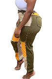 SUPER WHOLESALE|Army Green Women Fashion Casual Spliced Color Block Mid Waist Denim Pants WDS210905-1