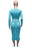Light Blue Euramerican Women Autumn Bodycon Tops Solid Color Ruffle Hip Sexy Skirts Sets Q960-4