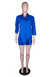 Blue  Modest Pure Color Long Sleeve Lapel Neck Single-Breasted Shirts Shorts Sets N9304-2
