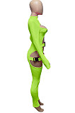 Neon Green Women Sexy Club Wear Buckle Pure Color Zipper Bodycon Jumpsuits Q955-6