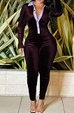 Black Wholesale Women Spliced Long Sleeve Lapel Neck Collect Waist Bodycon Jumpsuits HG137-1