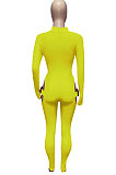 Lemon Yellow Women Sexy Club Wear Buckle Pure Color Zipper Bodycon Jumpsuits Q955-7