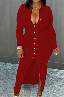 Wine Red Wholesale Velvet Long Sleeve Lapel Neck Single-Breasted Ruffle Shirt Dress MTY6579-3