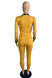 Yellow Cotton Blend Casual Long Sleeve Lapel Neck Zipper Tops Capris Pants Sport Sets MK061-2