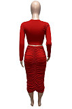 Black Euramerican Women Autumn Bodycon Tops Solid Color Ruffle Hip Sexy Skirts Sets Q960-3
