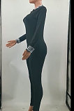 Black Simple Newest Spliced Long Sleeve Zip Front  Collect Waist Bodycon Jumpsuits TK6199-5