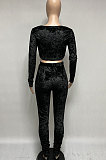 Black Women Korea Velvet Ruffle Drawsting Sexy V Collar Pure Color Crop Pants Sets XQ1147-3