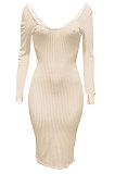 Beige Euramerican Women Autumn Winter V Collar Off Shoulder Solid Color Ribber Bodycon Sexy Long Dress Q951-2