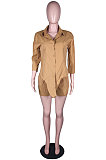 Brown Modest Pure Color Long Sleeve Lapel Neck Single-Breasted Shirts Shorts Sets N9304-1