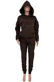 Coffee Casual Sport Long Sleeve Pocket Hoodie Sweat Pants Ruffle Solid Color Sets HG139-3