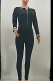 Gray Simple Newest Spliced Long Sleeve Zip Front  Collect Waist Bodycon Jumpsuits TK6199-4