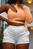 Orange Personality Pure Color Single Sleeve Side Bandage Bodycon T-Shirts KY3098-4