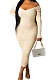 Beige Euramerican Women Autumn Winter V Collar Off Shoulder Solid Color Ribber Bodycon Sexy Long Dress Q951-2