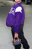 Purple Casual Webbing Spliced Letter Print Long Sleeve Cardigan Baseball Jacket HG138-5