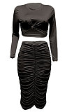 Red Euramerican Women Autumn Bodycon Tops Solid Color Ruffle Hip Sexy Skirts Sets Q960-2