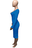 Light Blue Euramerican Women Autumn Winter V Collar Off Shoulder Solid Color Ribber Bodycon Sexy Long Dress Q951-6