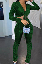Dark Green Women Korea Velvet Ruffle Drawsting Sexy V Collar Pure Color Crop Pants Sets XQ1147-5