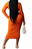 Orange Euramerican Women Autumn Winter V Collar Off Shoulder Solid Color Ribber Bodycon Sexy Long Dress Q951-4