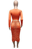 Orange Euramerican Women Autumn Bodycon Tops Solid Color Ruffle Hip Sexy Skirts Sets Q960-1