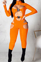Orange Women Sexy Club Wear Buckle Pure Color Zipper Bodycon Jumpsuits Q955-4