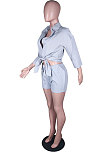 Silver  Modest Pure Color Long Sleeve Lapel Neck Single-Breasted Shirts Shorts Sets N9304-3