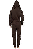 Black Casual Sport Long Sleeve Pocket Hoodie Sweat Pants Ruffle Solid Color Sets HG139-1