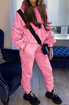 Pink Casual Sport Long Sleeve Pocket Hoodie Sweat Pants Ruffle Solid Color Sets HG139-2