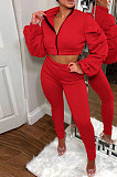 Apricot Autumn Winter Newest Ruffle Sleeve Zip Front Crop Tops Pencil Pants Sport Sets MD445-2