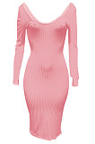 Red Euramerican Women Autumn Winter V Collar Off Shoulder Solid Color Ribber Bodycon Sexy Long Dress Q951-5