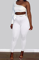 White Sexy Simple Single Sleeve Bandage Crop Tops Pencil Pants Slim Fitting Sets KY3099-2