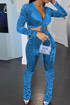 Light Blue Women Korea Velvet Ruffle Drawsting Sexy V Collar Pure Color Crop Pants Sets XQ1147-7