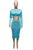 Light Blue Euramerican Women Autumn Bodycon Tops Solid Color Ruffle Hip Sexy Skirts Sets Q960-4