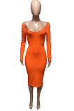 Orange Euramerican Women Autumn Winter V Collar Off Shoulder Solid Color Ribber Bodycon Sexy Long Dress Q951-4